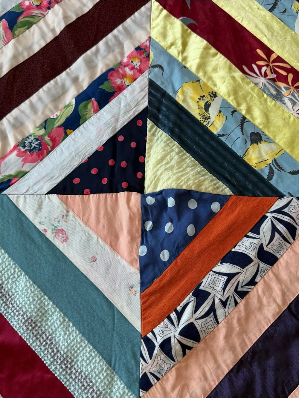 Vintage Handmade Satin String Quilt 62x96 Boho Patchwork Bed Throw